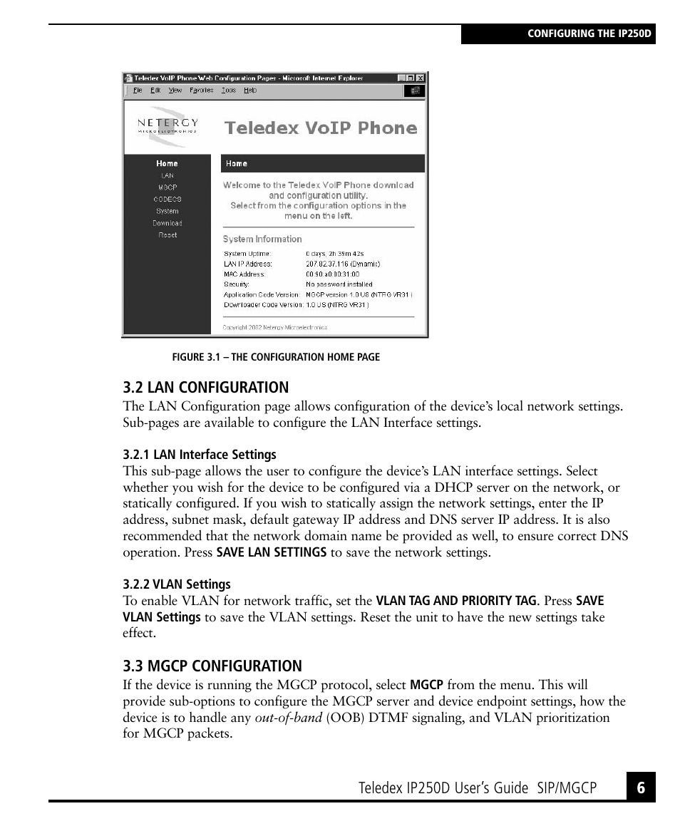 2 lan configuration, 1 lan interface settings, 2 vlan settings to enable vlan | 3 mgcp configuration, 2 lan configuration 6, 1 lan interface settings 6 3.2.2 vlan settings 6, 3 mgcp configuration 6 | Teledex IP250DVoIP User Manual | Page 11 / 34