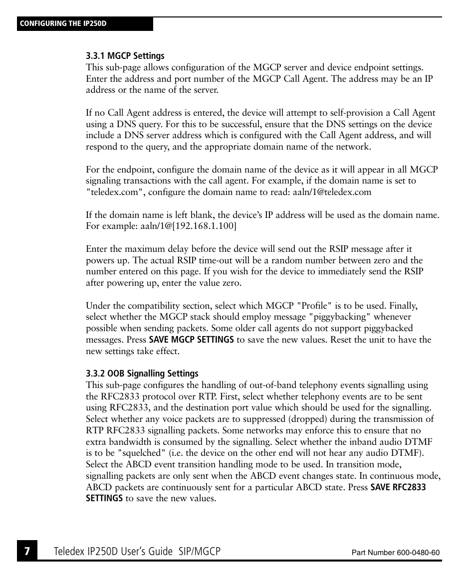 1 mgcp settings, 2 oob signalling settings, 1 mgcp settings 7 3.3.2 oob signalling settings 7 | Teledex ip250d user’s guide sip/mgcp | Teledex IP250DVoIP User Manual | Page 12 / 34