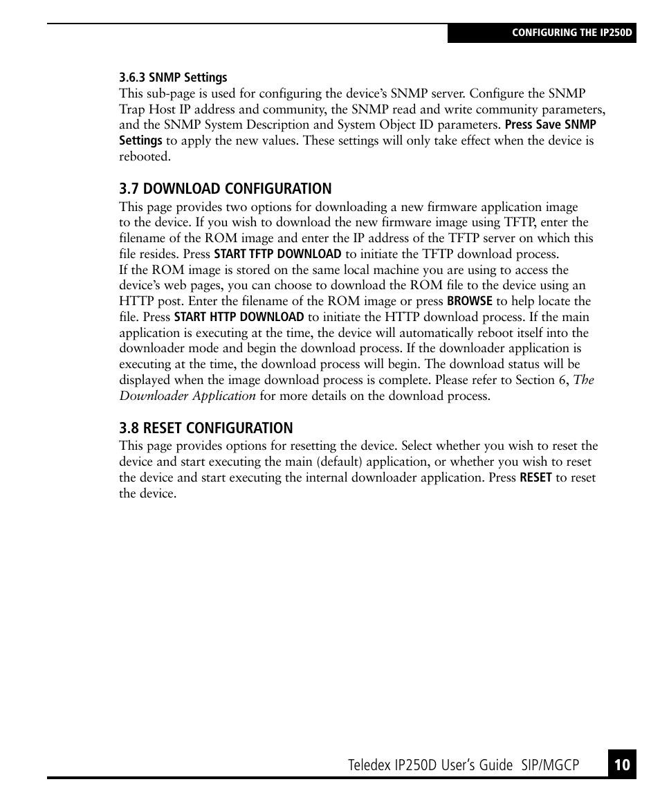 3 snmp settings, 7 download configuration, 8 reset configuration | 3 snmp settings 10 | Teledex IP250DVoIP User Manual | Page 15 / 34