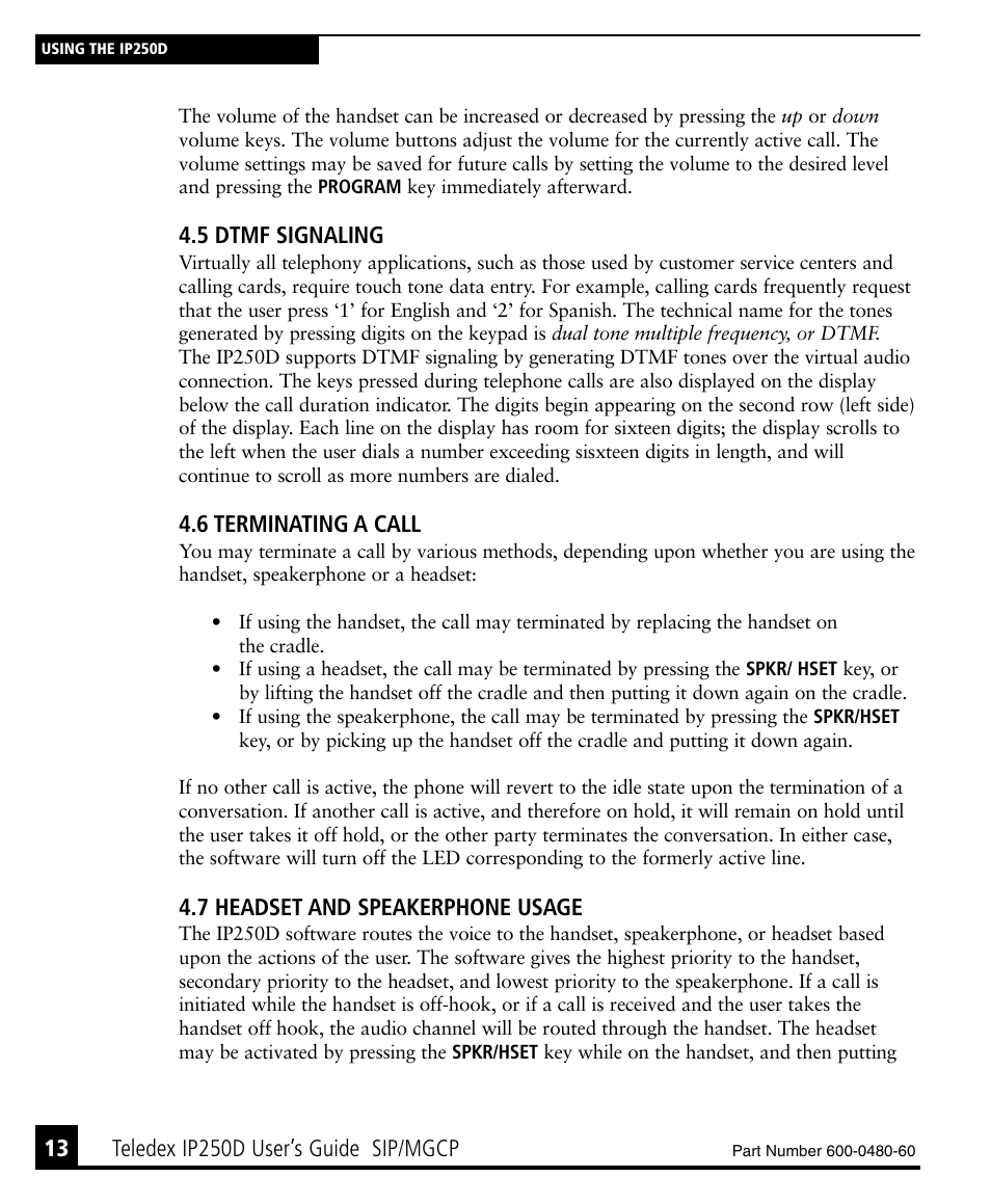 5 dtmf signaling, 6 terminating a call, 7 headset and speakerphone usage | Teledex IP250DVoIP User Manual | Page 18 / 34