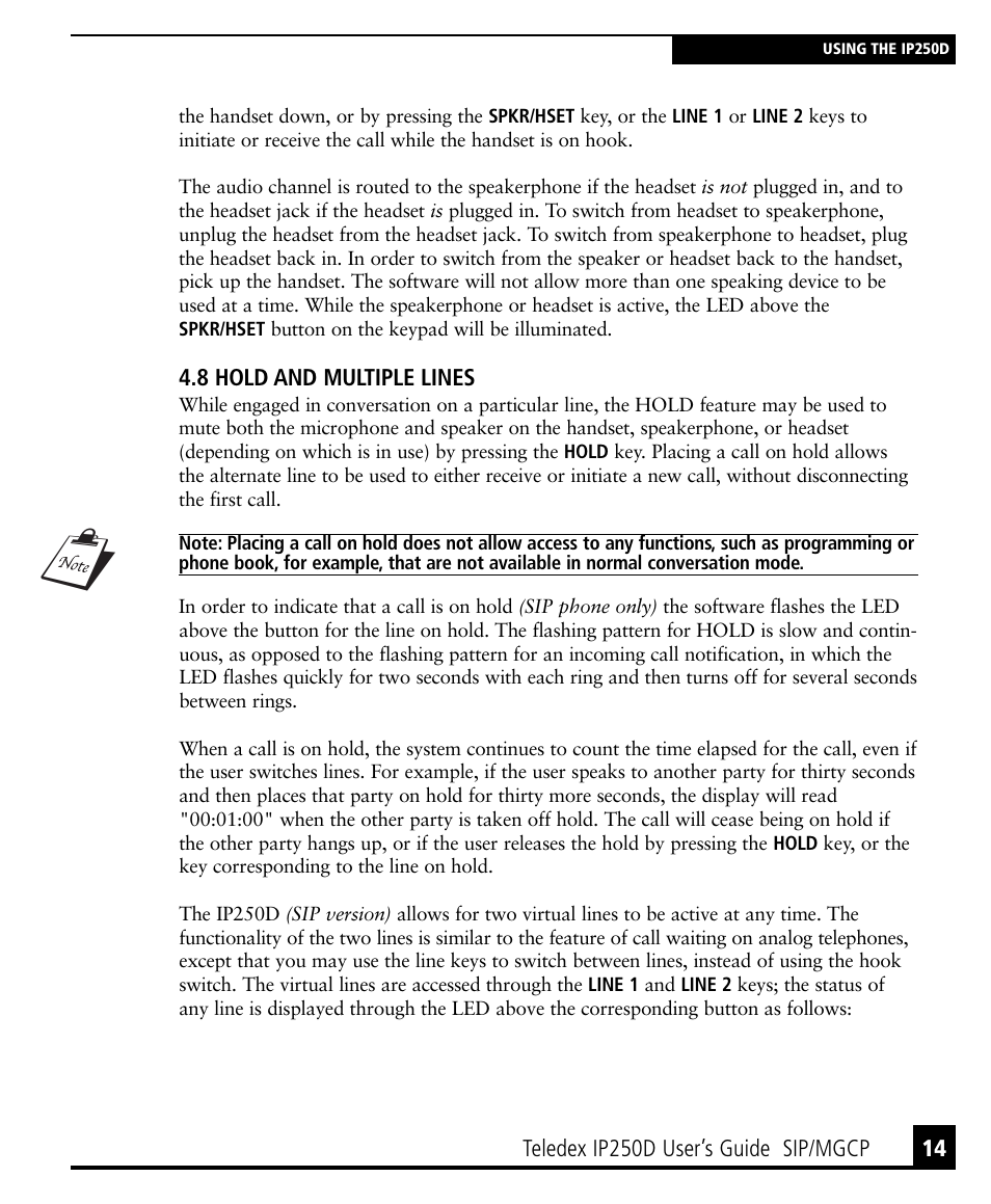 8 hold and multiple lines, 8 hold and multiple lines 14 | Teledex IP250DVoIP User Manual | Page 19 / 34