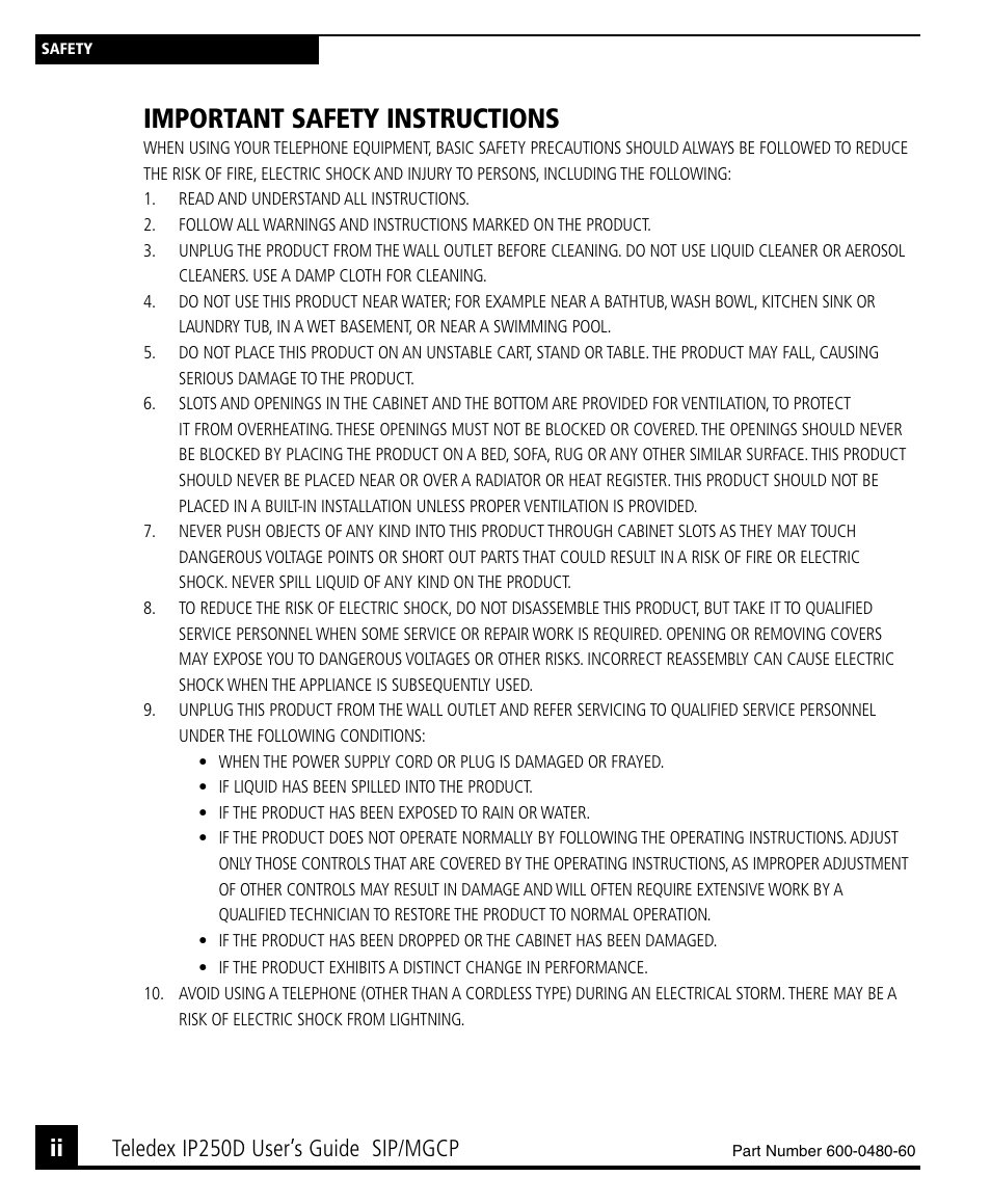 Important safety instructions, Teledex ip250d user’s guide sip/mgcp | Teledex IP250DVoIP User Manual | Page 2 / 34