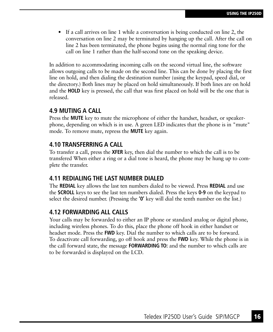 9 muting a call, 10 transferring a call, 11 redialing the last number dialed | 12 forwarding all calls | Teledex IP250DVoIP User Manual | Page 21 / 34