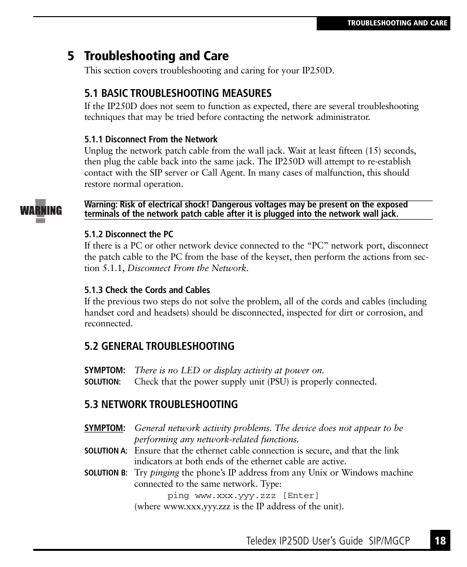 5 troubleshooting and care, 1 basic troubleshooting measures, 1 disconnect from the network | 2 disconnect the pc, 3 check the cords and cables, 2 general troubleshooting, 3 network troubleshooting | Teledex IP250DVoIP User Manual | Page 23 / 34