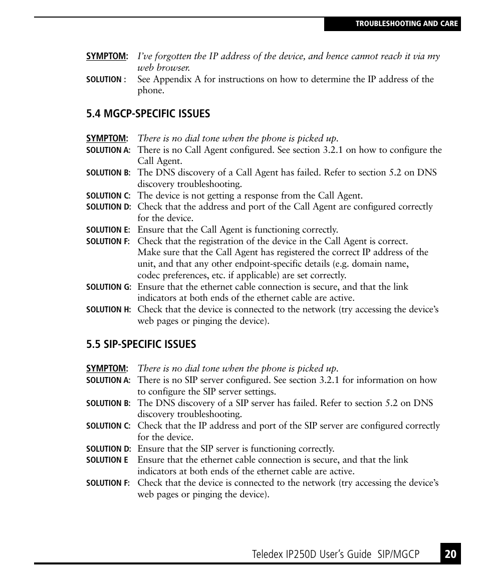 4 mgcp-specific issues, 5 sip-specific issues, Teledex ip250d user’s guide sip/mgcp | Teledex IP250DVoIP User Manual | Page 25 / 34