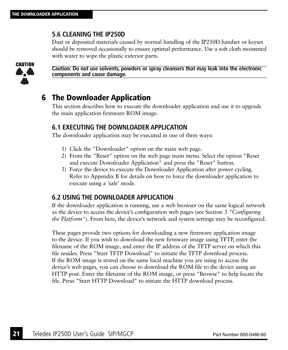 6 cleaning the ip250d, 6 the downloader application, 1 executing the downloader application | 2 using the downloader application, 6 cleaning the ip250d 21 | Teledex IP250DVoIP User Manual | Page 26 / 34
