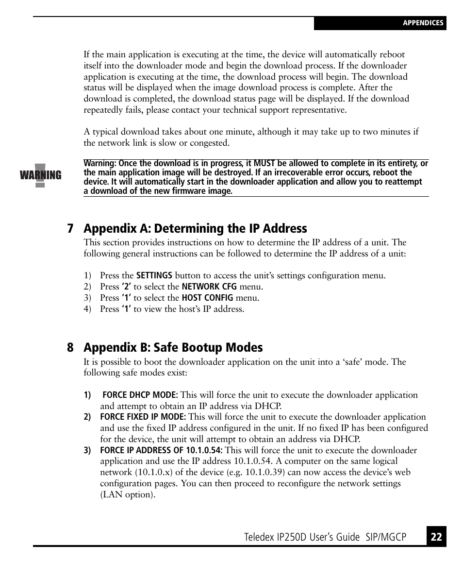 7 appendix a: determining the ip address, 8 appendix b: safe bootup modes | Teledex IP250DVoIP User Manual | Page 27 / 34