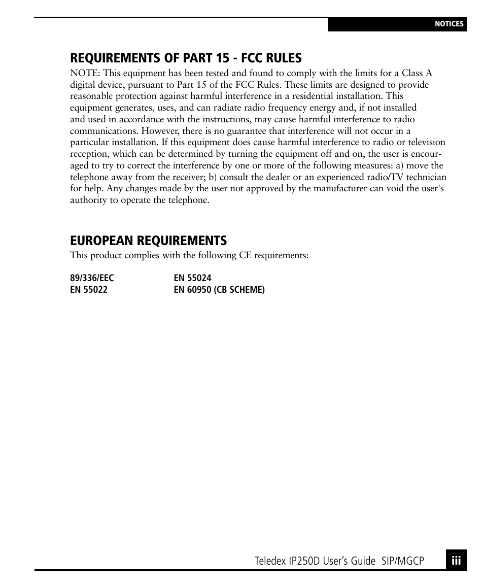 Requirements, Requirements of part 15 - fcc rules, European requirements | Teledex IP250DVoIP User Manual | Page 3 / 34