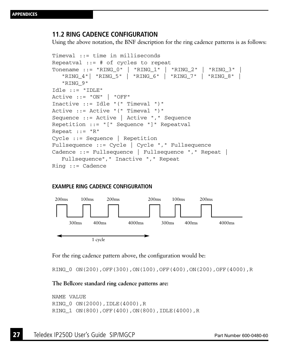 2 ring cadence configuration, Teledex ip250d user’s guide sip/mgcp | Teledex IP250DVoIP User Manual | Page 32 / 34