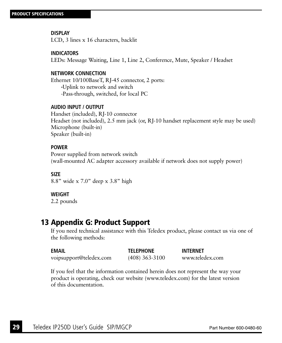 13 appendix g: product support, Teledex ip250d user’s guide sip/mgcp | Teledex IP250DVoIP User Manual | Page 34 / 34