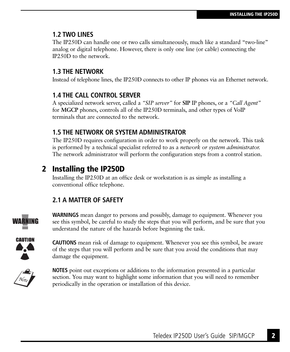 2 two lines, 3 the network, 4 the call control server | 5 the network or system administrator, 2 installing the ip250d, 1 a matter of safety, 1 a matter of safety 2 | Teledex IP250DVoIP User Manual | Page 7 / 34