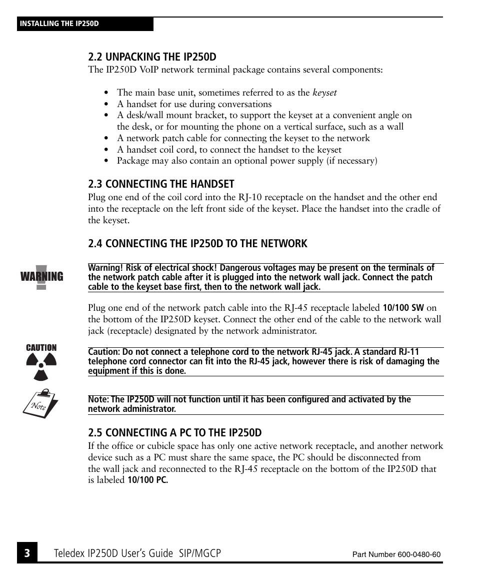 2 unpacking the ip250d, 3 connecting the handset, 4 connecting the ip250d to the network | 5 connecting a pc to the ip250d | Teledex IP250DVoIP User Manual | Page 8 / 34