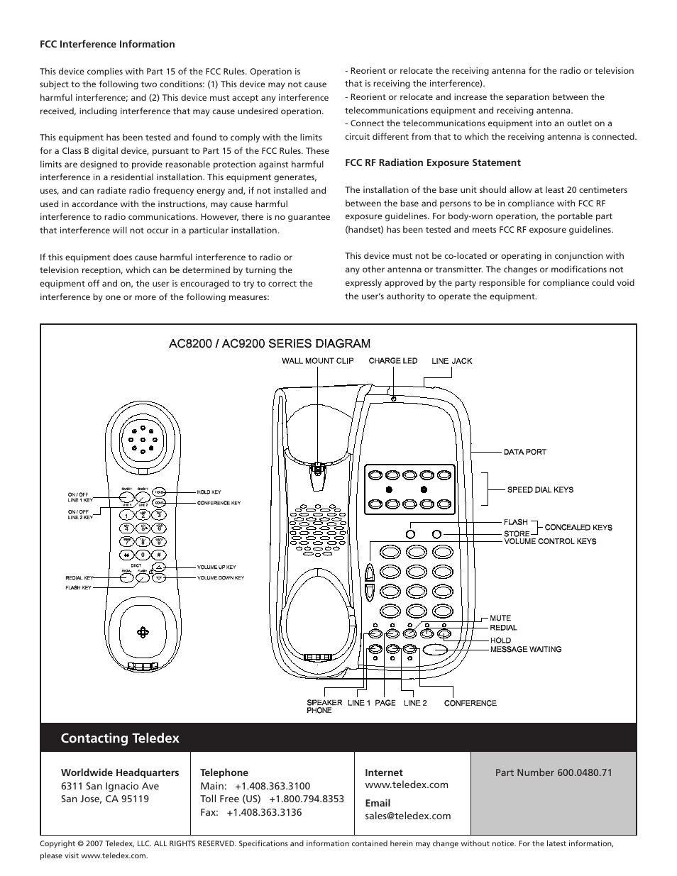 Contacting teledex | Teledex AC9205S User Manual | Page 4 / 4