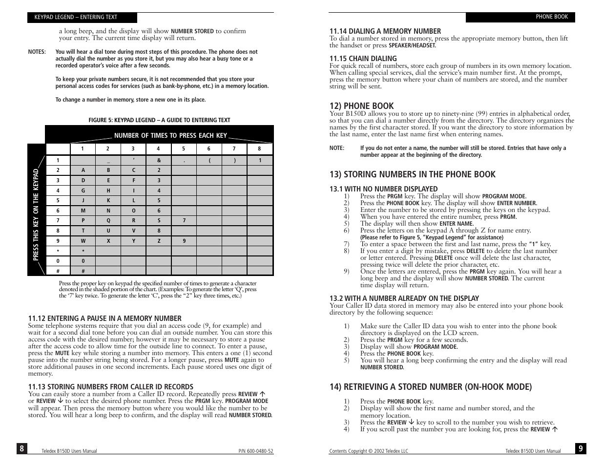 12) phone book, 13) storing numbers in the phone book, 14) retrieving a stored number (on-hook mode) | Teledex B150D User Manual | Page 10 / 20