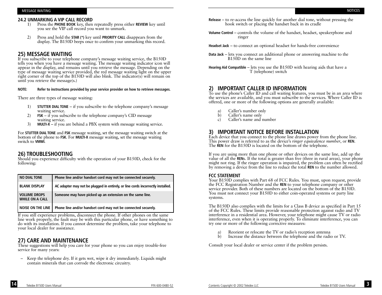 25) message waiting, 26) troubleshooting, 27) care and maintenance | 2) important caller id information, 3) important notice before installation | Teledex B150D User Manual | Page 16 / 20