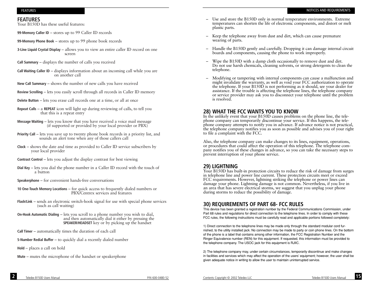 Features, 28) what the fcc wants you to know, 29) lightning | 30) requirements of part 68- fcc rules | Teledex B150D User Manual | Page 17 / 20