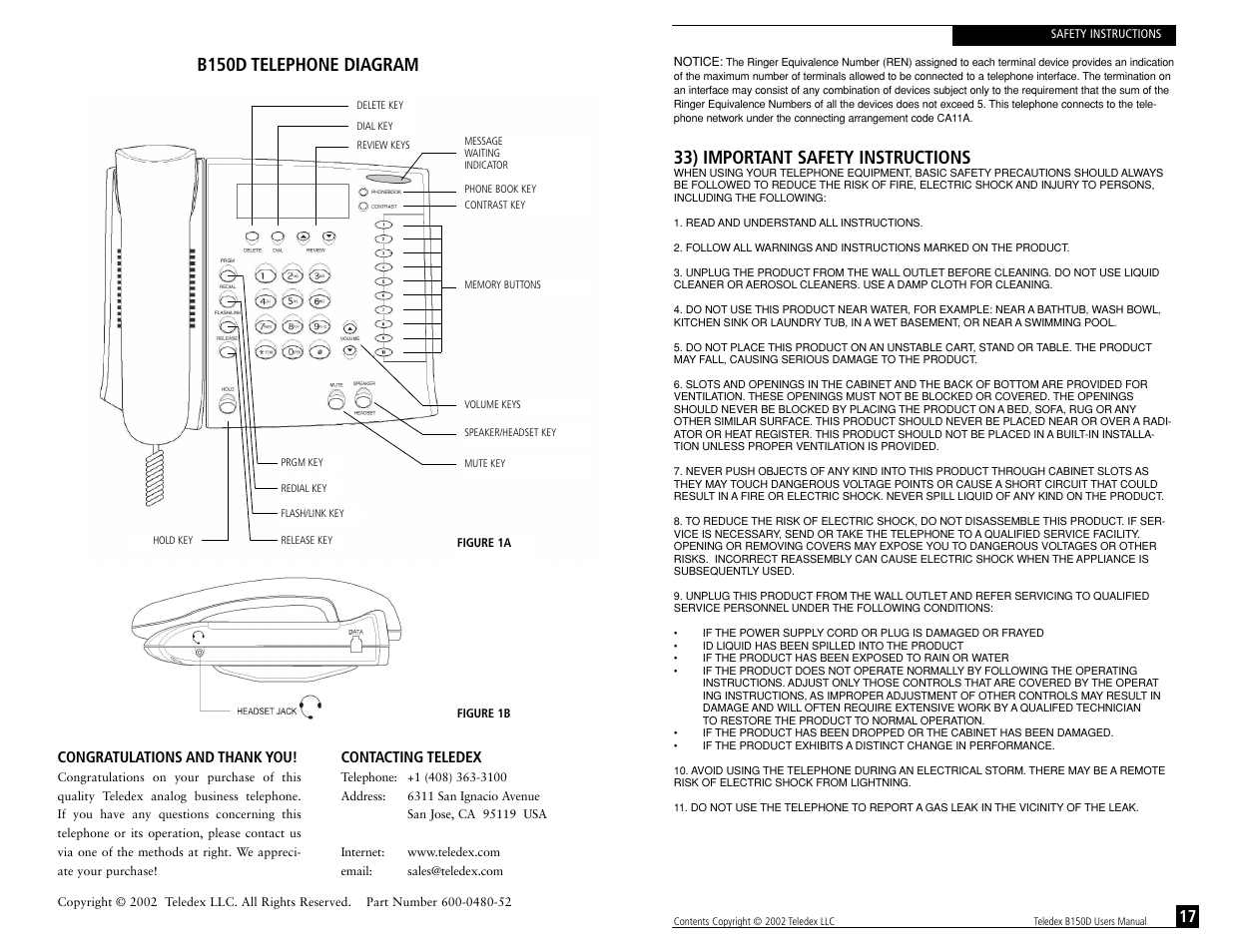 33) important safety instructions, B150d telephone diagram | Teledex B150D User Manual | Page 19 / 20