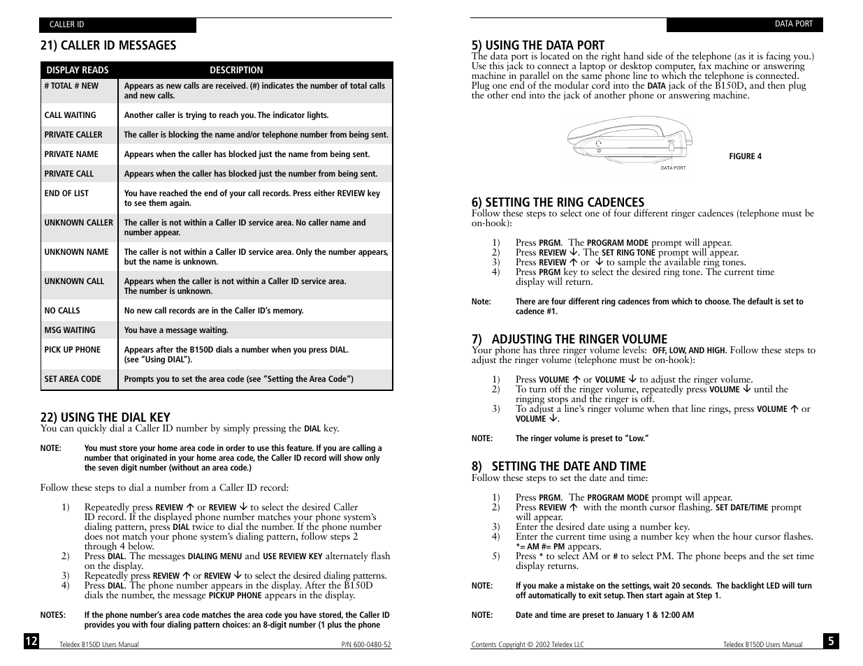 21) caller id messages 22) using the dial key, 5) using the data port, 6) setting the ring cadences | 7) adjusting the ringer volume, 8) setting the date and time | Teledex B150D User Manual | Page 7 / 20