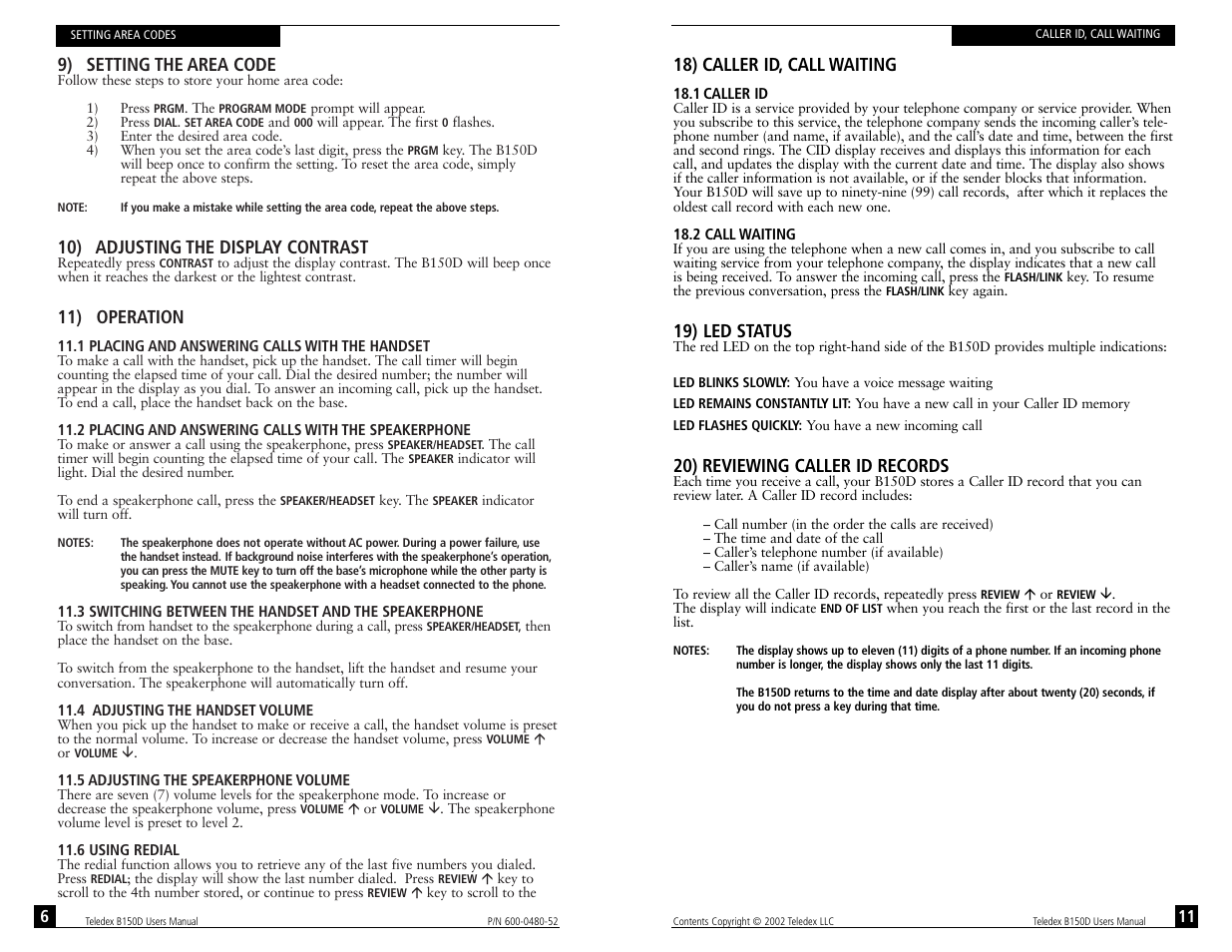 9) setting the area code, 10) adjusting the display contrast, 11) operation | 18) caller id, call waiting, 19) led status, 20) reviewing caller id records | Teledex B150D User Manual | Page 8 / 20