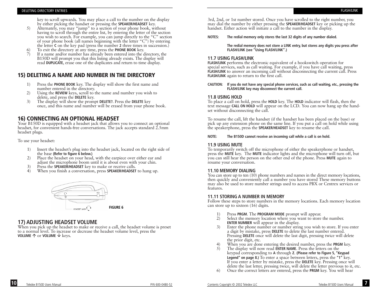 15) deleting a name and number in the directory, 16) connecting an optional headset, 17) adjusting headset volume | Teledex B150D User Manual | Page 9 / 20