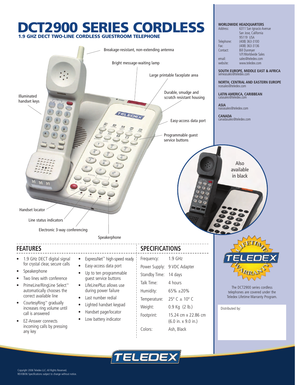 Dct2900 series cordless, Features, Specifications | Teledex DCT2900 User Manual | Page 2 / 2