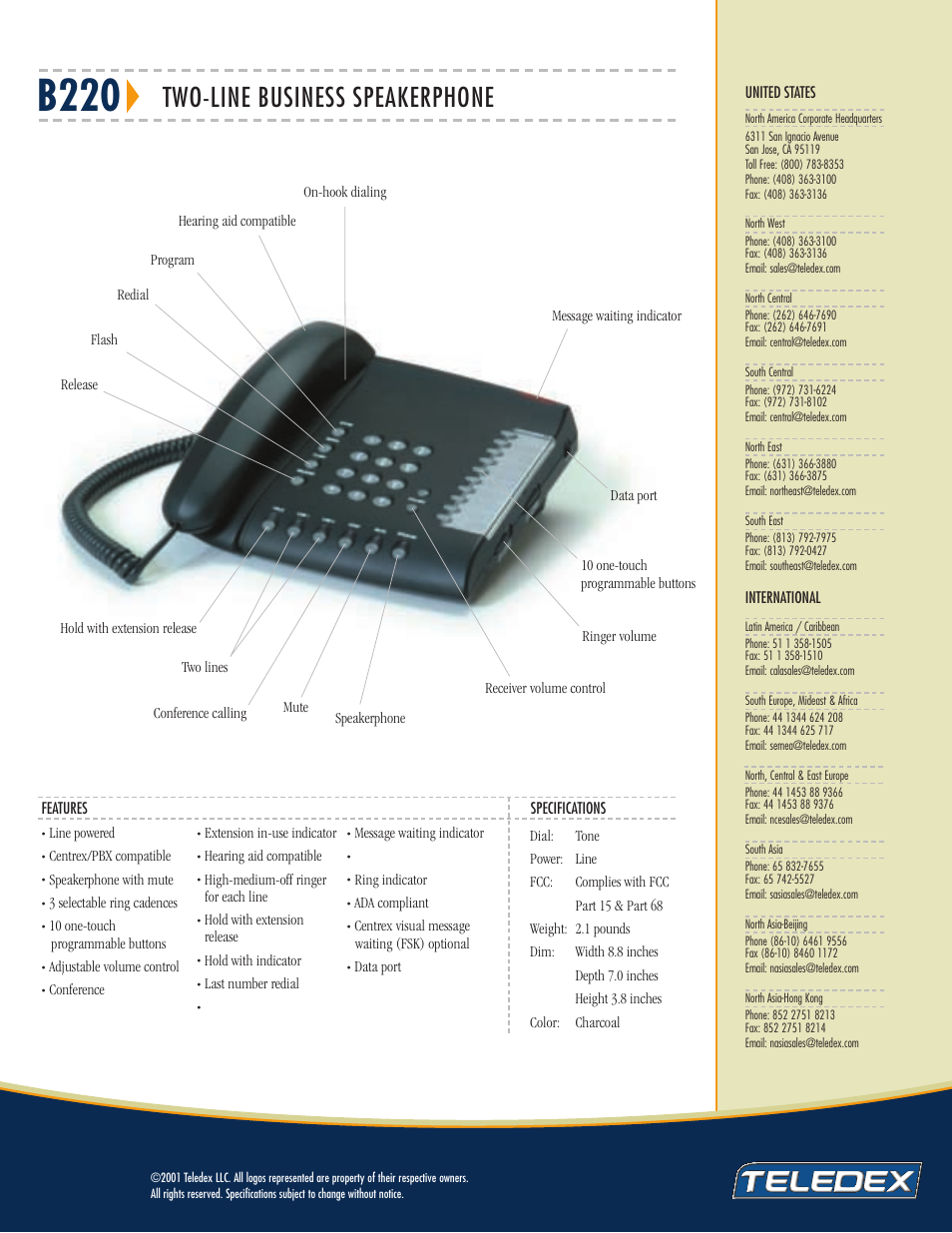 B220, Two-line business speakerphone | Teledex B220 User Manual | Page 2 / 2