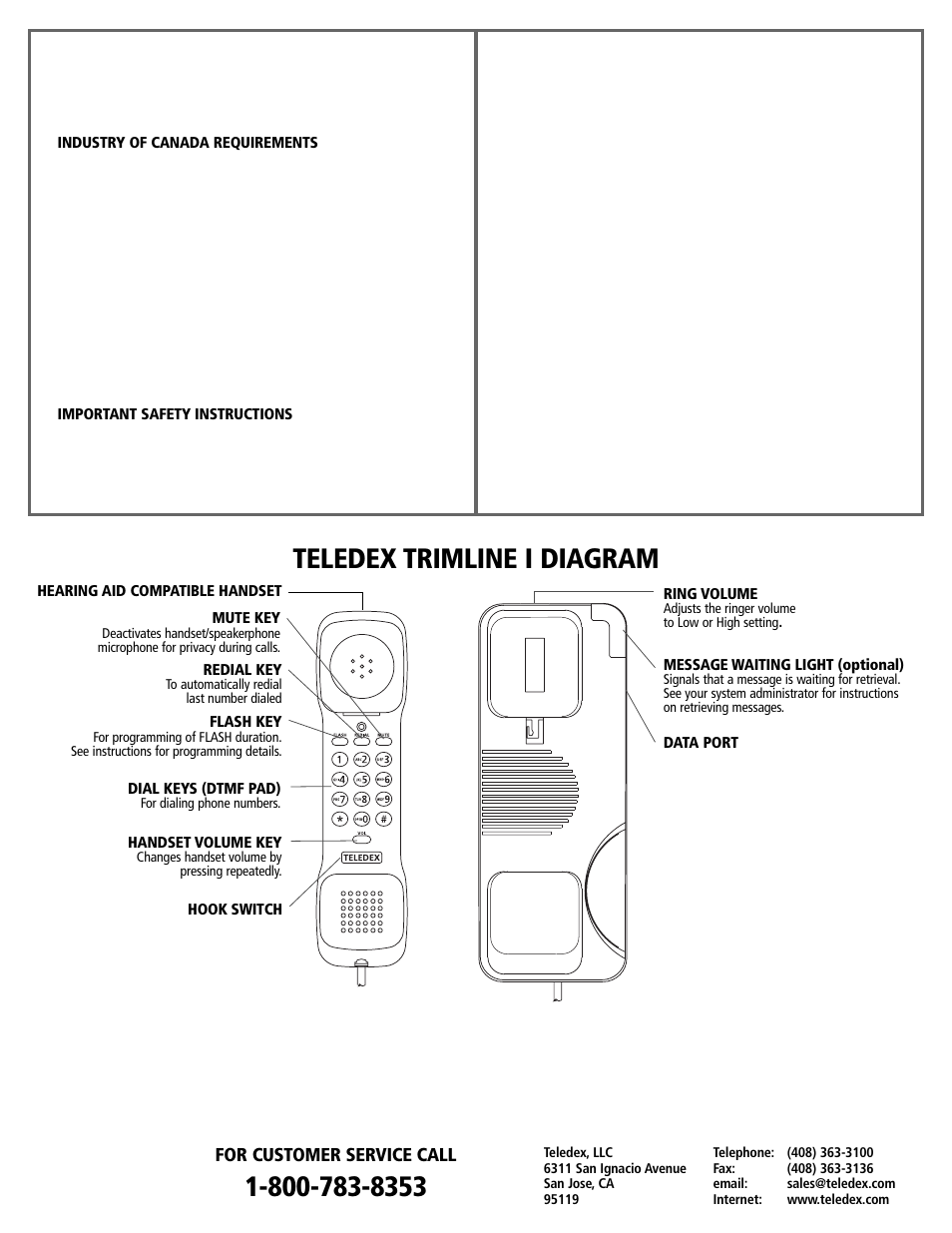 Teledex trimline i diagram, For customer service call | Teledex I User Manual | Page 2 / 2