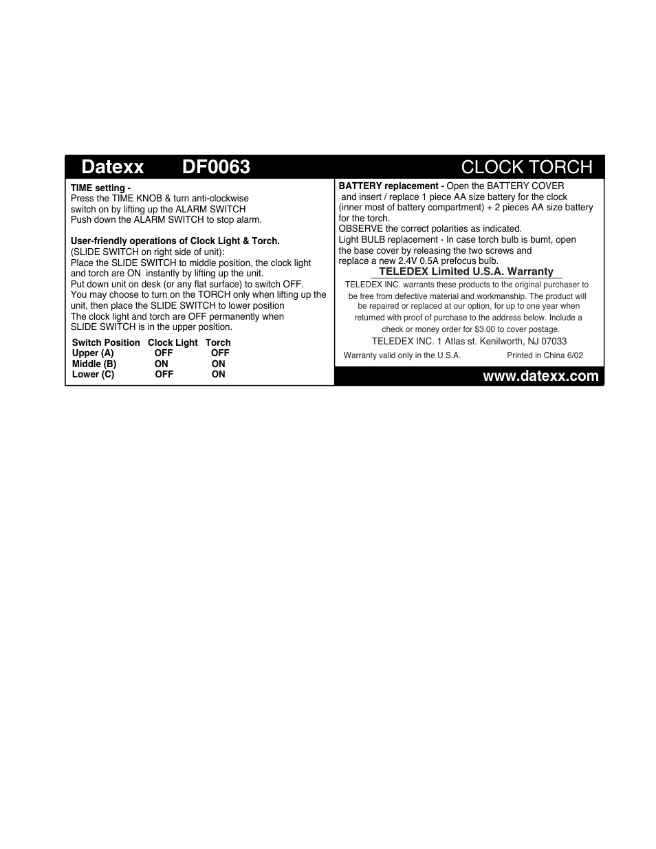 Teledex DATEXX DF0063 User Manual | 1 page