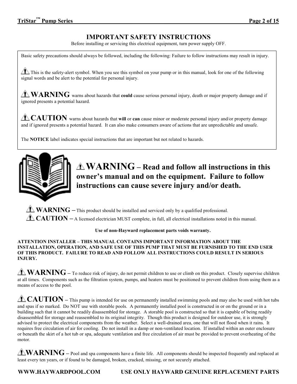 Important safety instructions, Warning, Caution | TriStar SP3210X15 User Manual | Page 2 / 15