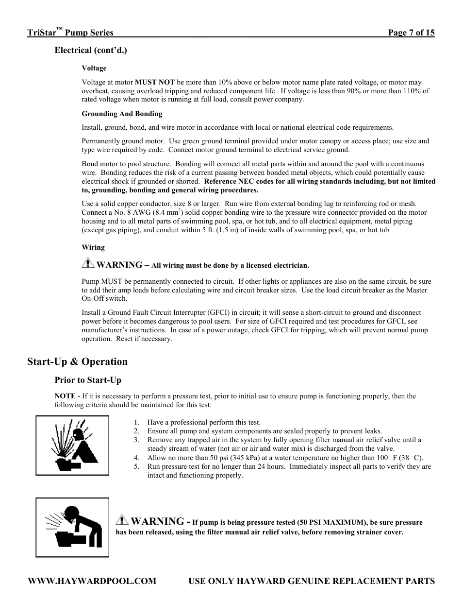 Start-up & operation, Prior to start-up, Warning | TriStar SP3210X15 User Manual | Page 7 / 15