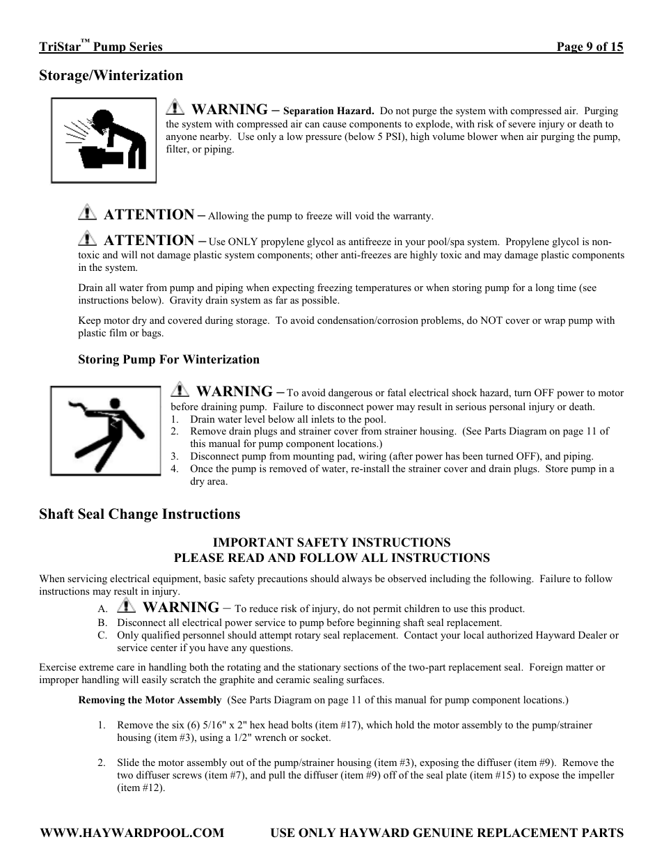 Storage/winterization, Shaft seal change instructions, Important safety instructions | Warning, Attention | TriStar SP3210X15 User Manual | Page 9 / 15