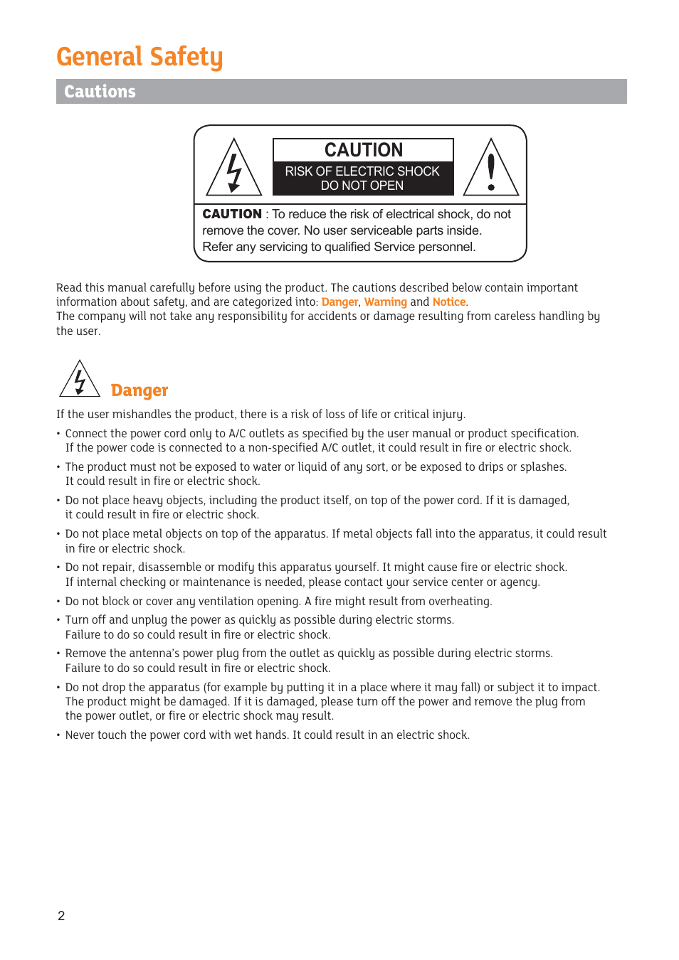 General safety, Cautions, Caution | Danger | Triax STR 333 User Manual | Page 2 / 36