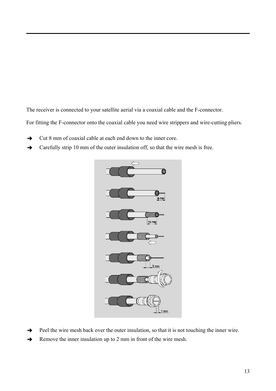 Connecting the receiver, Fitting the aerial cable | Triax Digital Satellite Receiver SR 110 User Manual | Page 13 / 40