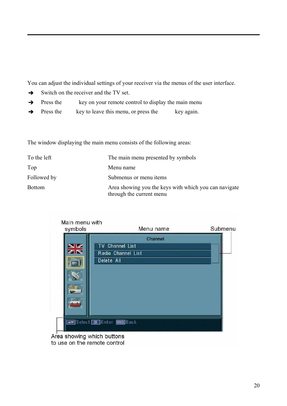 The receiver menus, User interface on the tv screen, Understanding the window of the main menu | Triax Digital Satellite Receiver SR 110 User Manual | Page 20 / 40