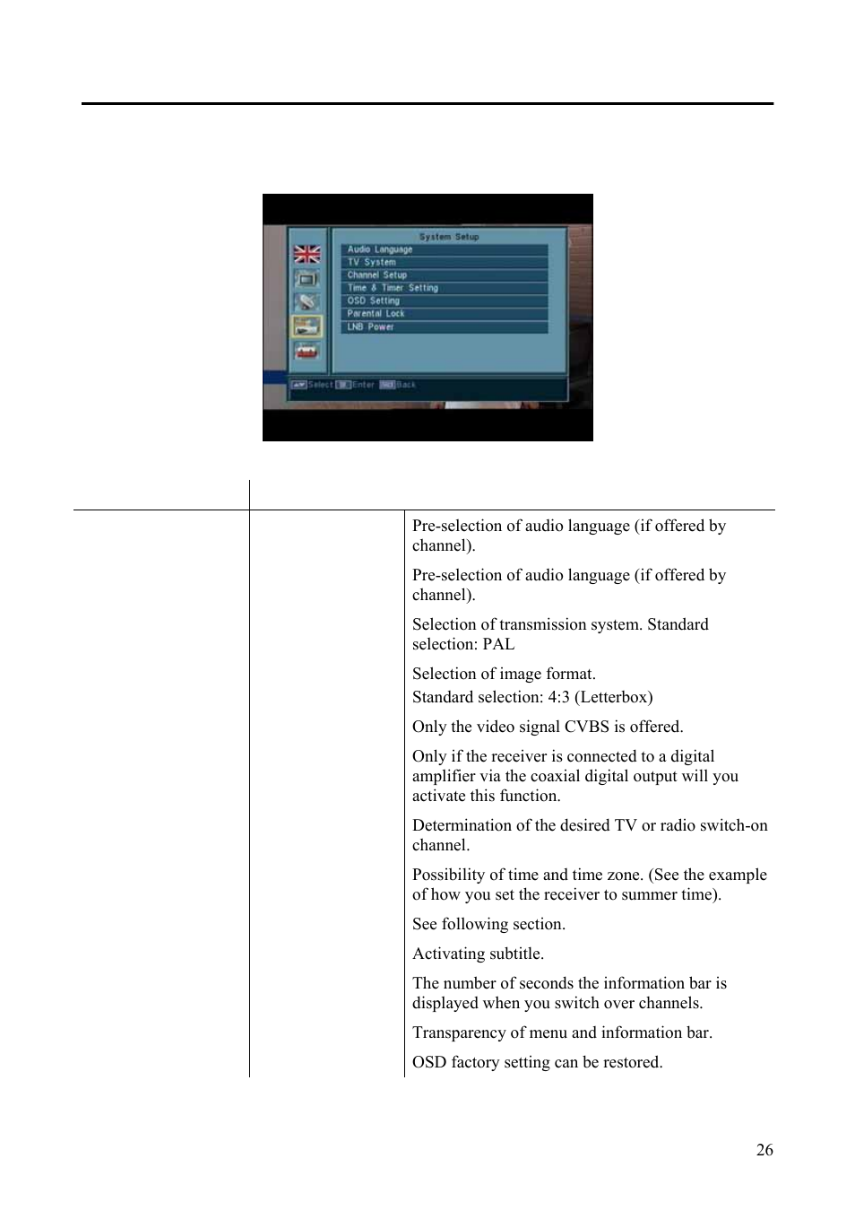 System setup (symbol: receiver) | Triax Digital Satellite Receiver SR 110 User Manual | Page 26 / 40