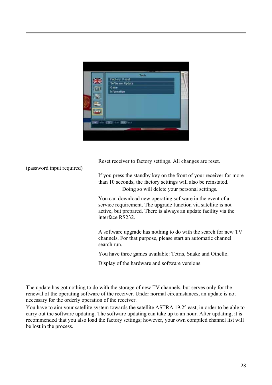 Tools (symbol: toolbox), Software update via satellite (not activated) | Triax Digital Satellite Receiver SR 110 User Manual | Page 28 / 40