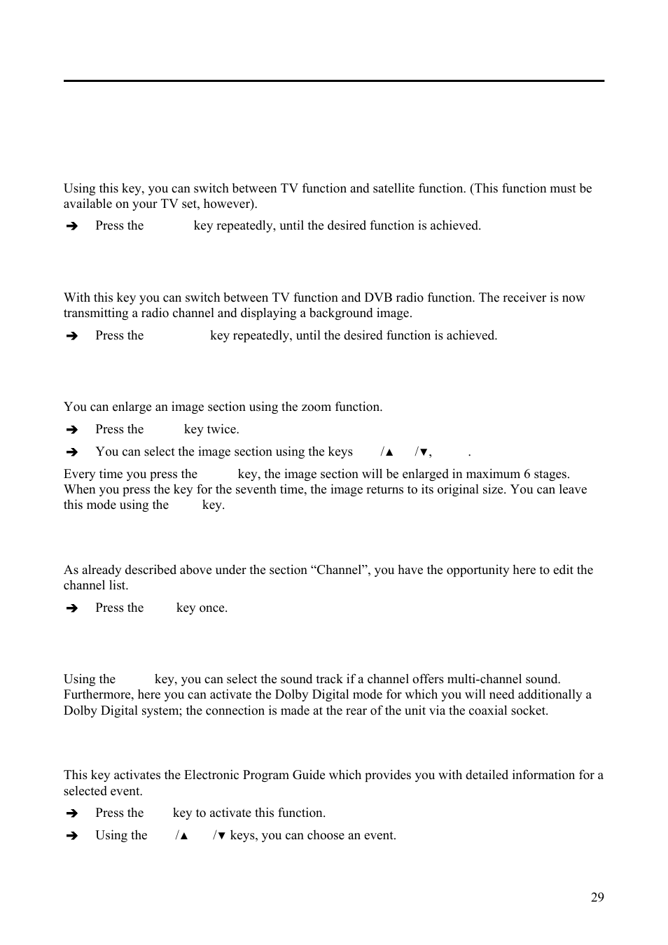 Special function keys, Tv/sat tv/radio zoom list audio epg, Tv/sat | Tv/radio, Zoom, List, Audio | Triax Digital Satellite Receiver SR 110 User Manual | Page 29 / 40