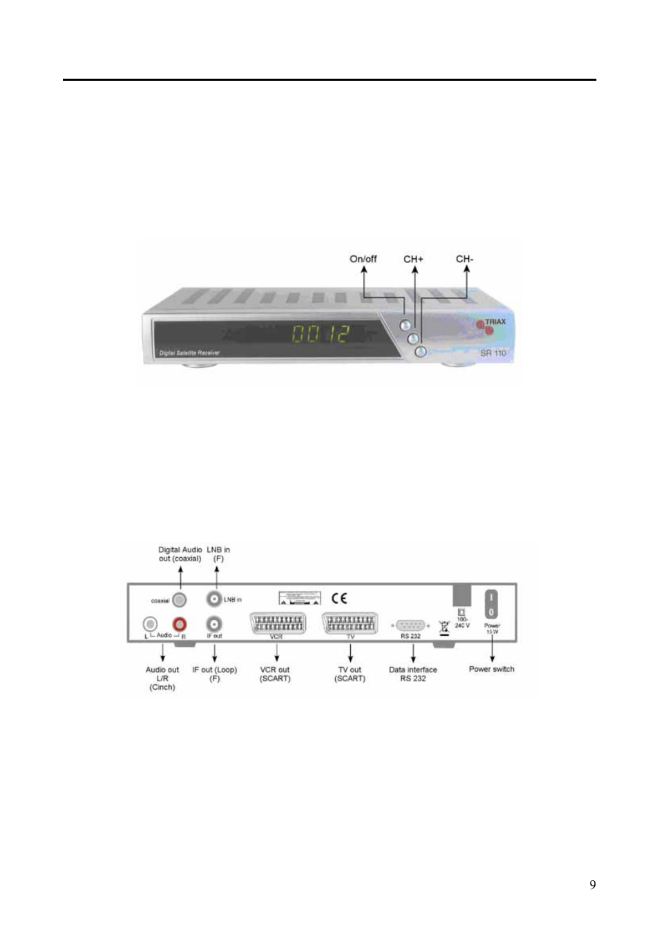 Device overview: sr 110, Front panel rear panel, Front panel | Rear panel | Triax Digital Satellite Receiver SR 110 User Manual | Page 9 / 40