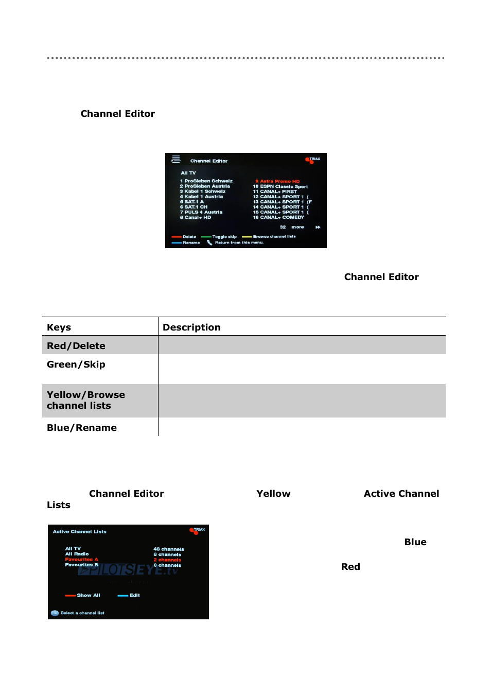 Editing of channels, Favourite lists | Triax C-HD417 CX User Manual | Page 22 / 44