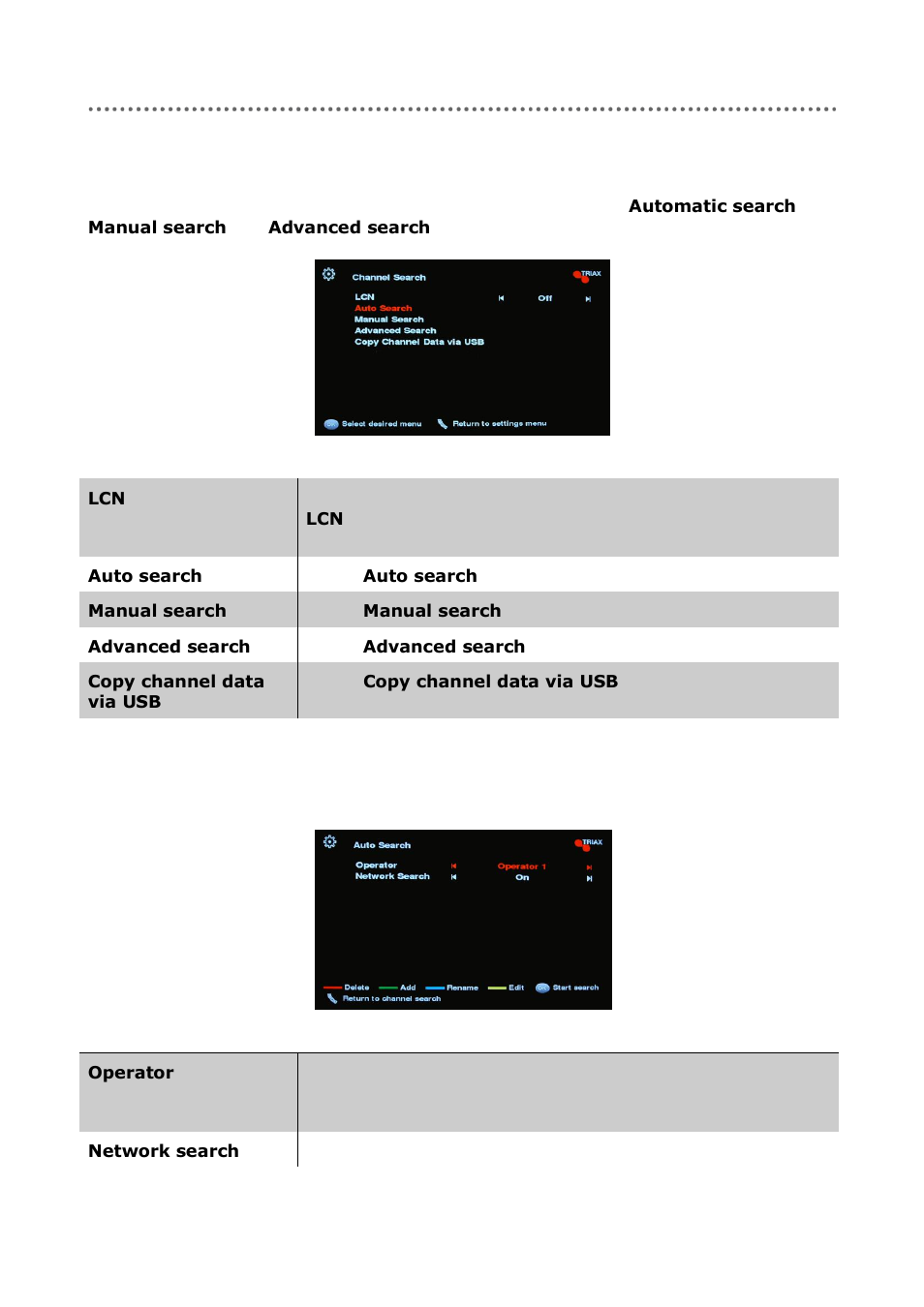 Channel search, Auto search | Triax C-HD417 CX User Manual | Page 30 / 44