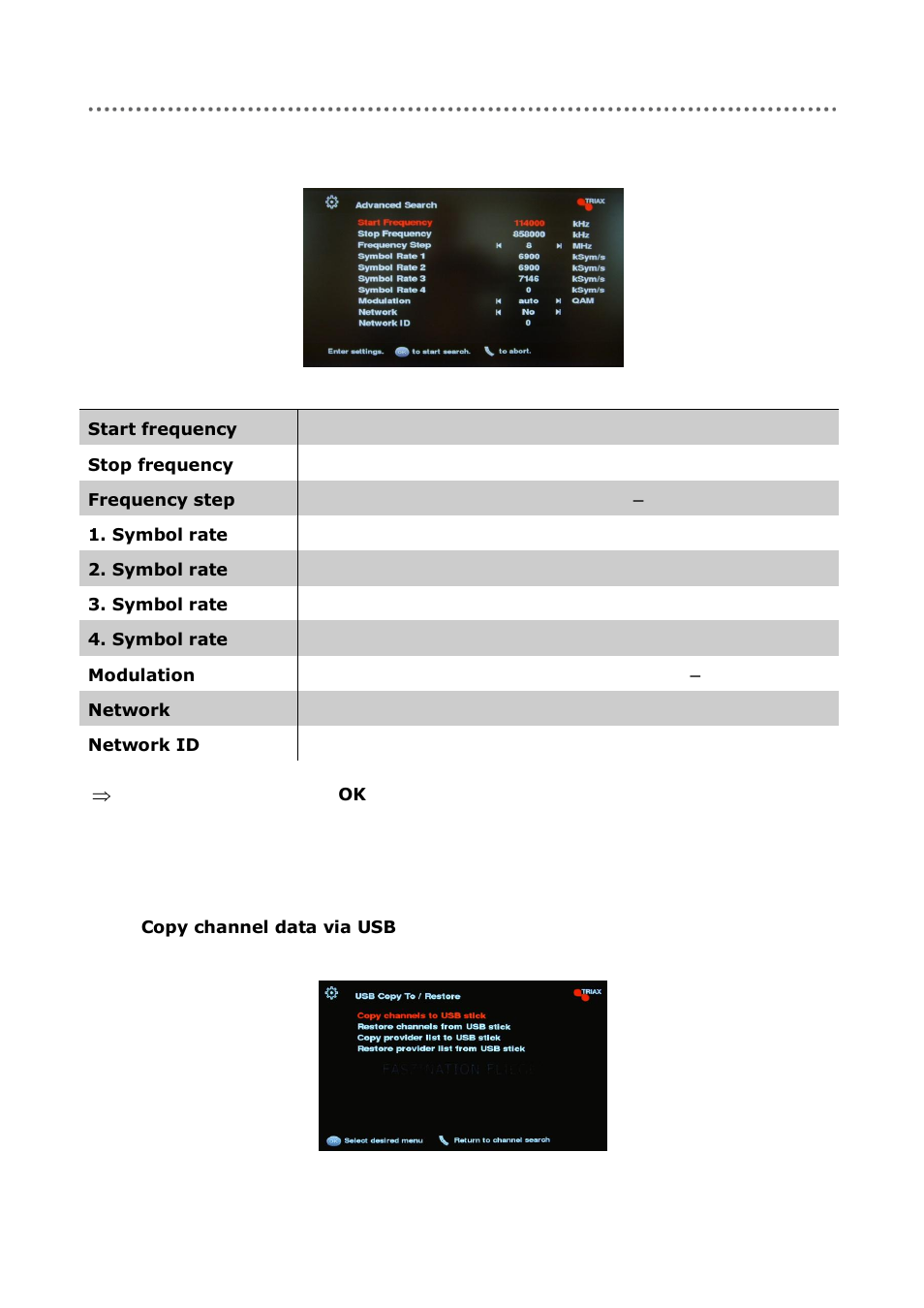 Advanced search copy channel data via usb, Advanced search, Copy channel data via usb | Triax C-HD417 CX User Manual | Page 32 / 44