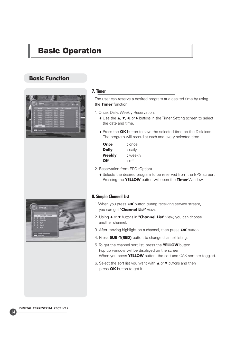 Basic operation, Basic function, Timer | Simple channel list | Triax TR 305 User Manual | Page 14 / 40