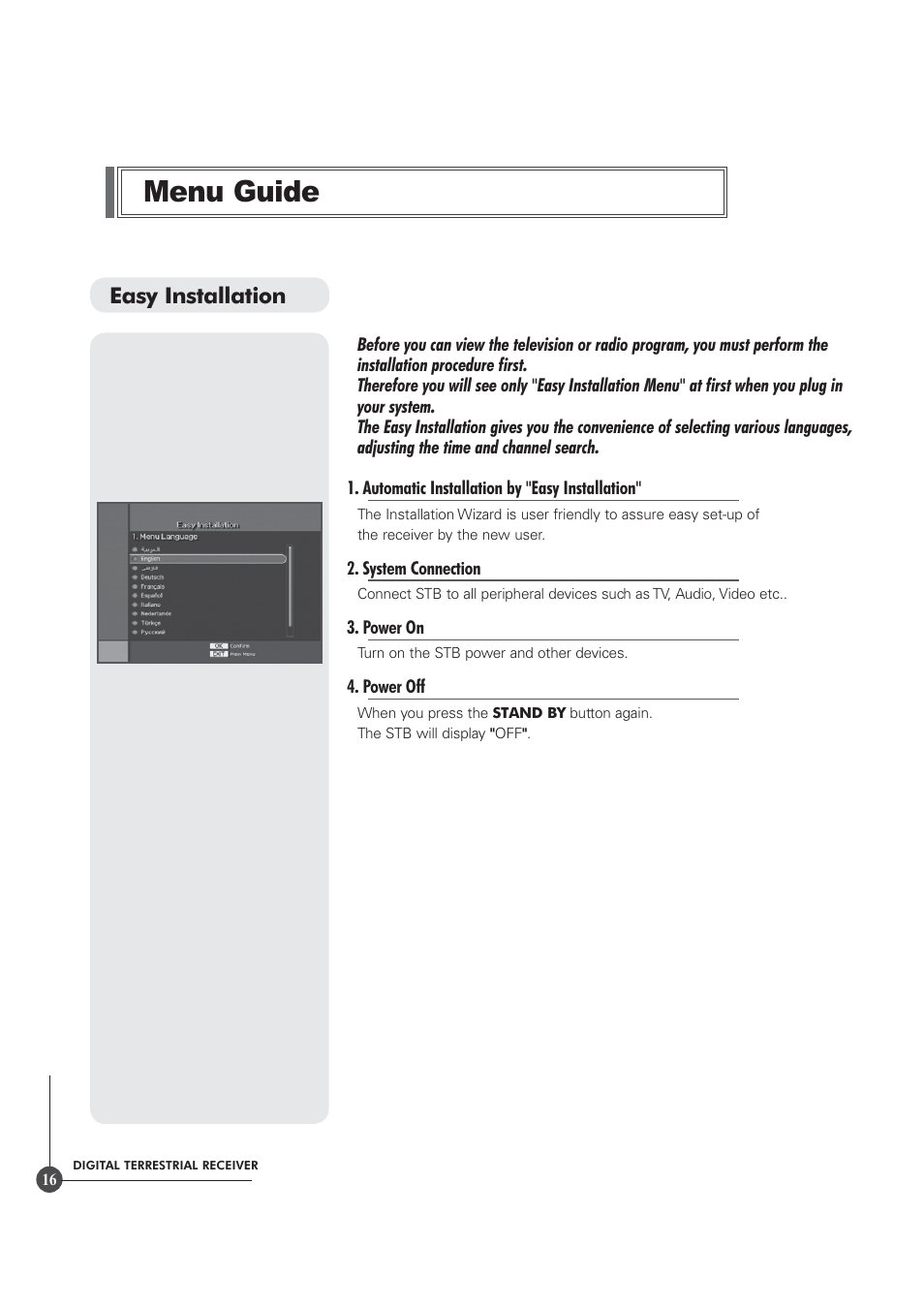 Menu guide, Easy installation | Triax TR 305 User Manual | Page 16 / 40