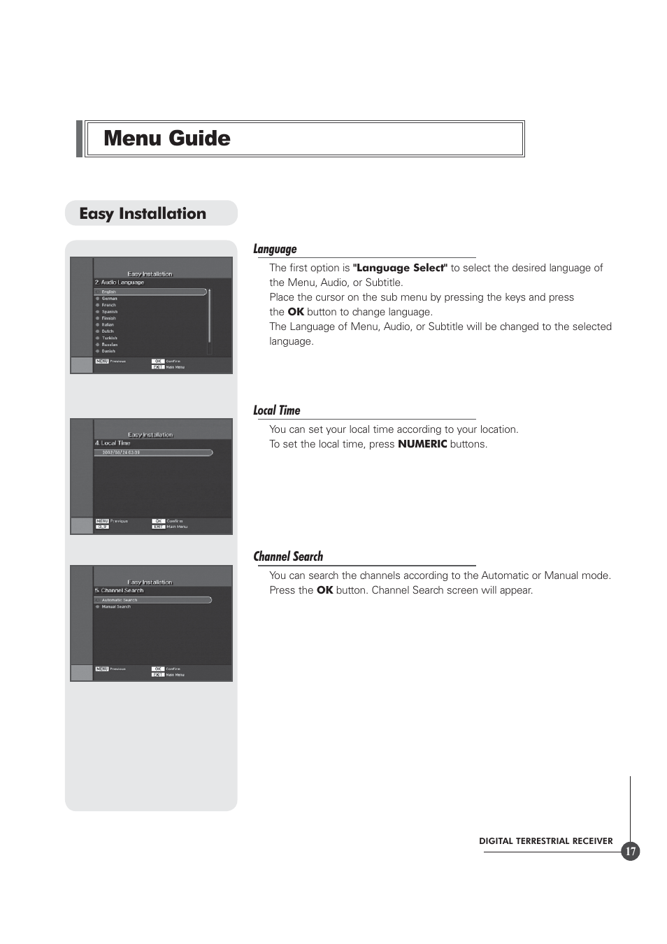 Menu guide, Easy installation | Triax TR 305 User Manual | Page 17 / 40