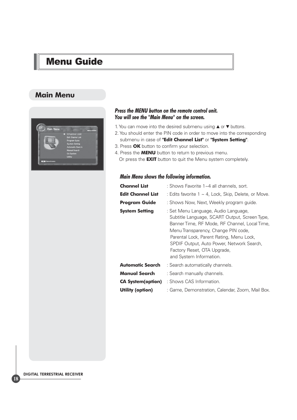 Menu guide, Main menu | Triax TR 305 User Manual | Page 18 / 40