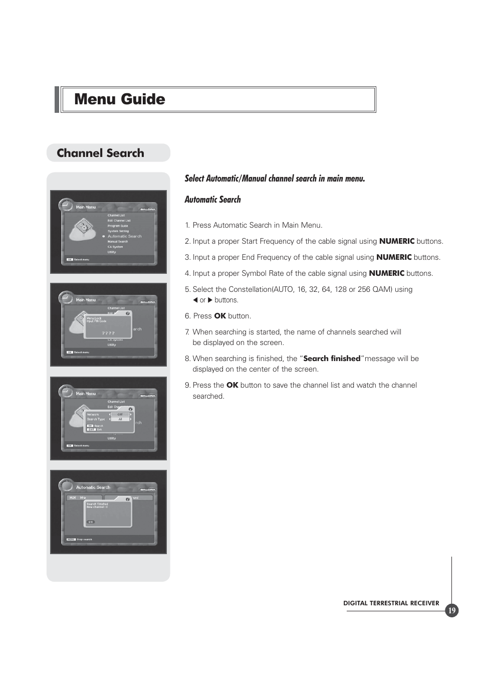 Menu guide, Channel search | Triax TR 305 User Manual | Page 19 / 40