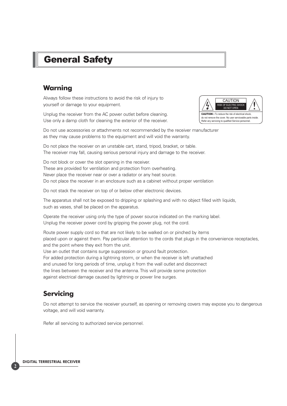 General safety, Warning, Servicing | Triax TR 305 User Manual | Page 2 / 40