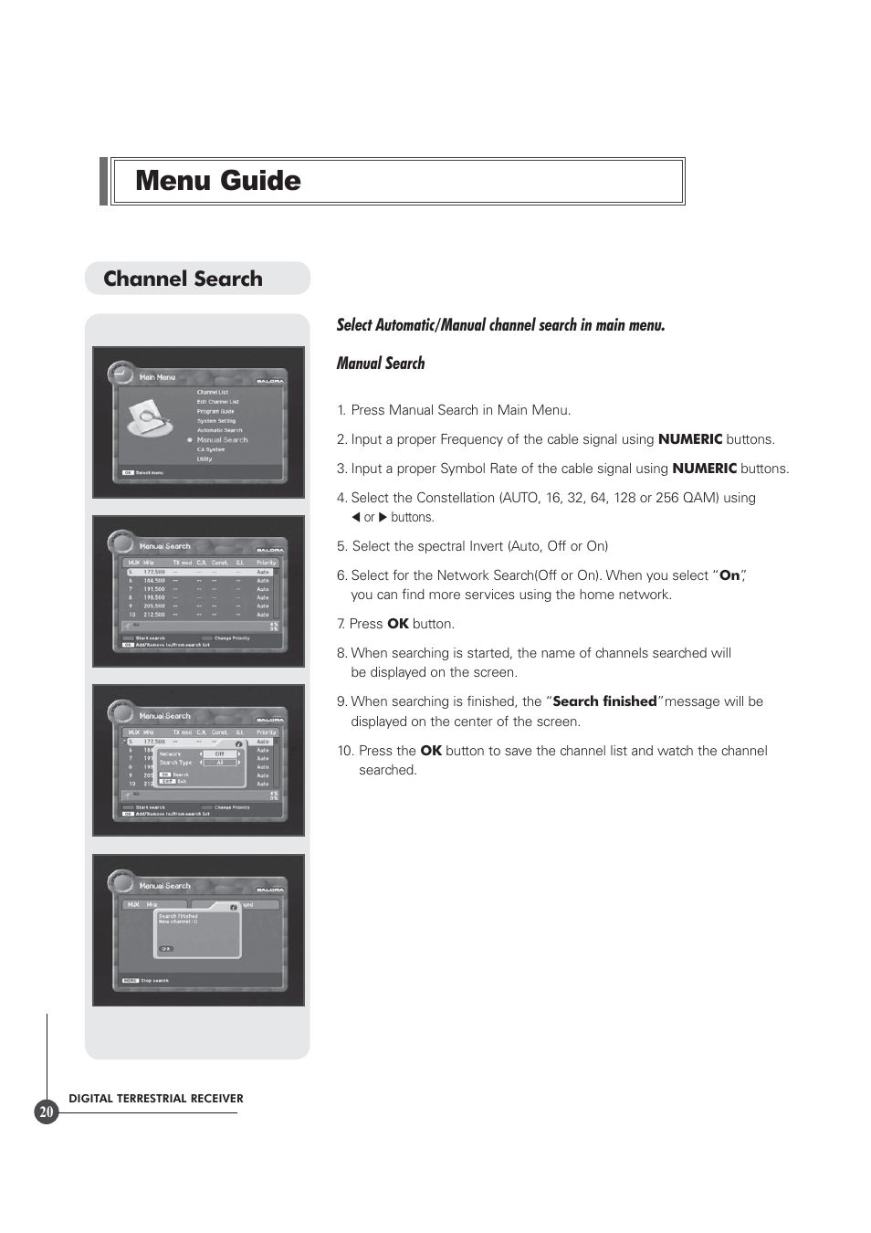 Menu guide, Channel search | Triax TR 305 User Manual | Page 20 / 40