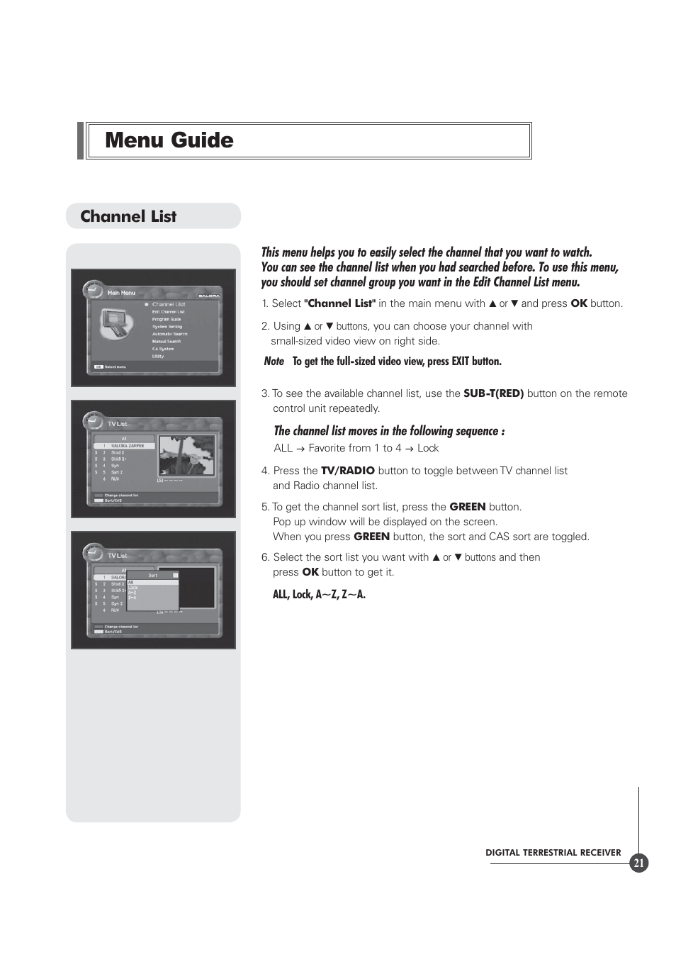 Menu guide, Channel list | Triax TR 305 User Manual | Page 21 / 40