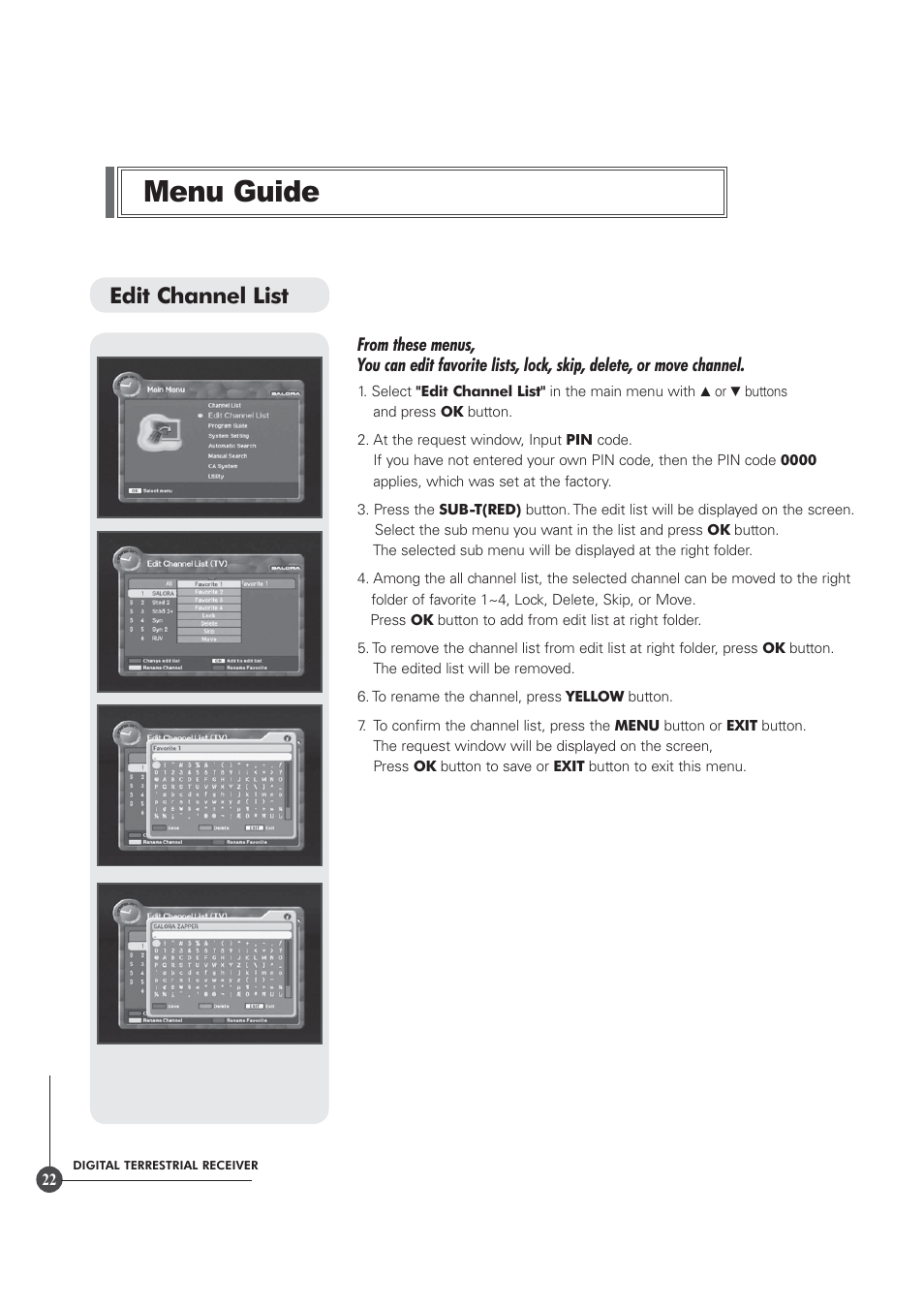 Menu guide, Edit channel list | Triax TR 305 User Manual | Page 22 / 40